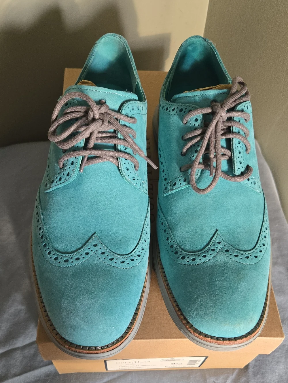 Men's Cole Haan Lunargrand Wingtip Turquoise Suede Oxfords Sz 9.5